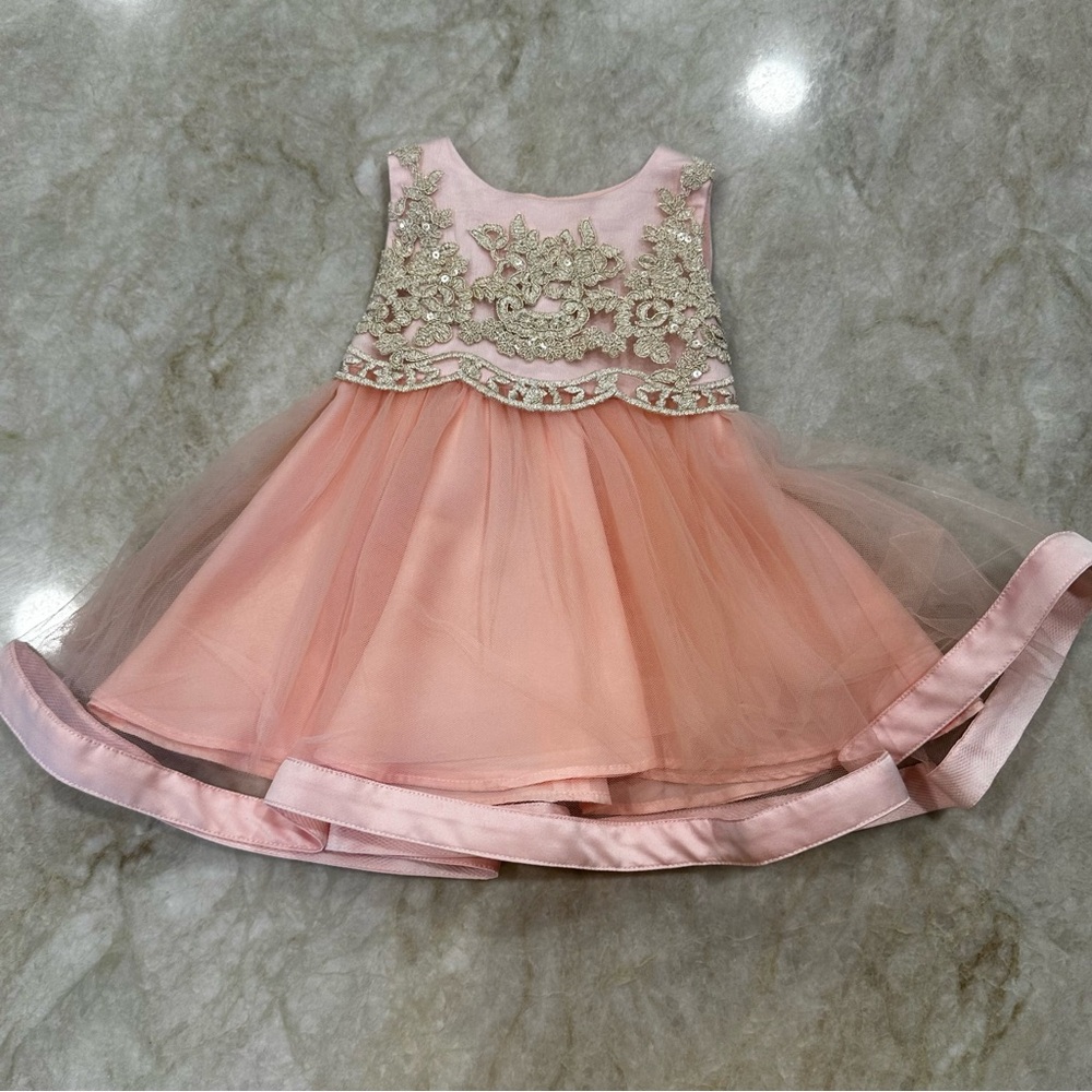 Rare Editions Baby Dress Formal Elegant Lace Tulle Size 3-6 Months Pink And Gold